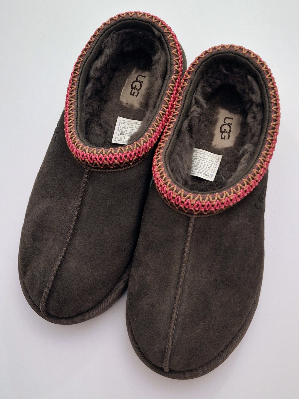UGG Women’s Dark Brown Suede Slip-On Slippers with Pink Trim